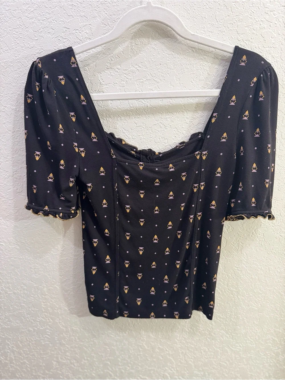 Free People Black Floral Puff Sleeve Ruched Top Womens Small Boho